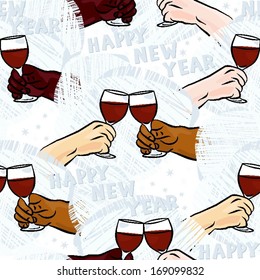 many different human hands with glasses of champagne making toast colorful happy new year party holiday seamless pattern on white background