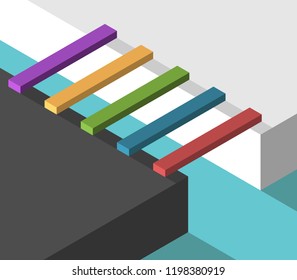 Many different isometric multicolor bridges conncecting two sides. Bridging the gap, problem, choice, crisis and opportunity concept. Flat design. Vector illustration, no transparency, no gradients
