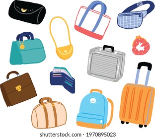 Many different kinds of Bag; handbag, wallet, backpacker, luggage, carry-on, side bag, clutch, saddle, tote, in colorful doodle style.