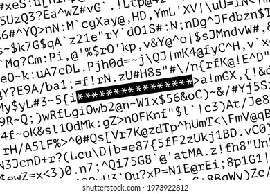 Many different letters, numbers and special symbols, and group of asterisks as secret password. Concept of strong password creating, password-protected data, information security