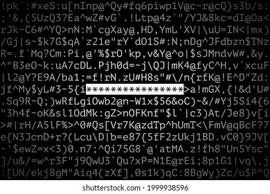 Many Different Letters, Numbers And Special Symbols, And Group Of Asterisks As Secret Password. Concept Of Strong Password Creating, Password-protected Data, Information Security