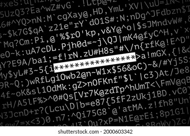 Many Different Letters, Numbers And Special Symbols, And Group Of Asterisks As Secret Password. Concept Of Strong Password Creating, Password-protected Data, Information Security