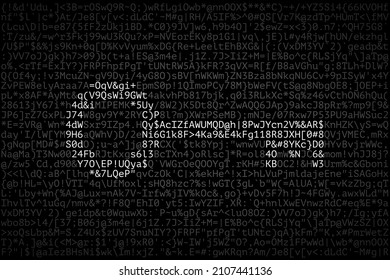 Many different letters, numbers and special symbols, and silhouette of key as symbol of password. Concept of strong password creating, password-protected data, information security