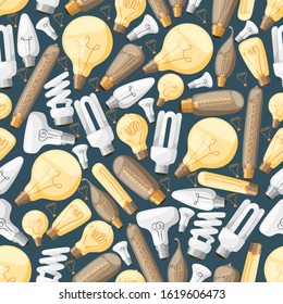 Many different light bulbs in seamless pattern, vector illustration. Set of modern energy saving glass lamps, wrapping paper design. Isolated light bulbs of various shapes, product packaging idea