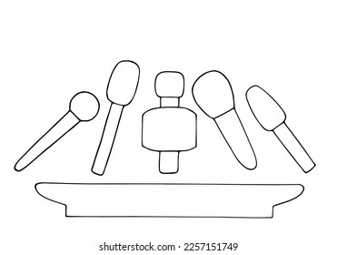 Many different microphones on the table, tribune during the press conference, interview. Freehand drawing. Doodle. Hand Drawn. Outline.	