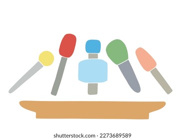 Many different microphones on the table, tribune during the press conference, interview. Freehand drawing. Doodle. Hand Drawn. Outline.	