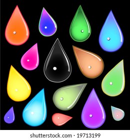 many different multicolored water drops on black background vector