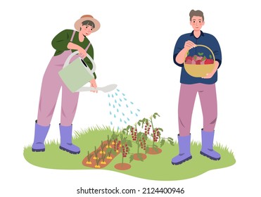 Many different people love gardening and planting vector flat illustration.Man and woman with fresh vegetables and fruits isolated on white.Farmers and gardeners work or engage in agricultural hobbies