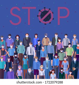 many different people wearing protective facial masks and a sign STOP covid-19