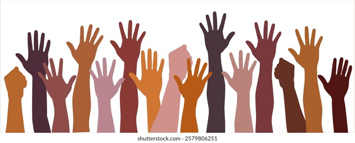 Many different people's hands are raised up. Raised hand silhouettes, people colorful voting illustration. Celebration, teamwork, collaboration. Concept of democracy, freedom.