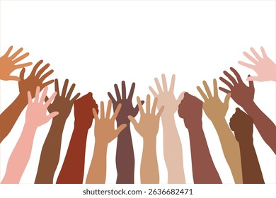 Many different people's hands are raised up. Raised hand silhouettes, people colorful voting illustration. Celebration, teamwork, collaboration. Concept of democracy, freedom.