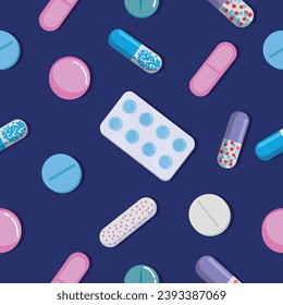 Many different pills on blue background. Pattern for design
