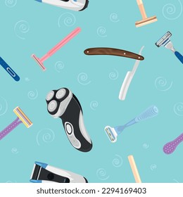 Many different razors on blue background. Pattern for design