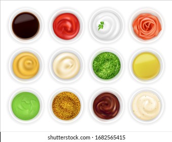 Many different sauces in round bowls set. Various ketchup mustard condiment in 3d realistic style. Top view. Textured pesto tartar spices isolated on white background. Oil, mayonnaise and sour cream