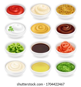 Many different sauces in round bowls set. Various ketchup mustard condiment in 3d realistic style. Side view collection. Textured pesto tartar spices isolated on white background. Oil, mayonnaise and