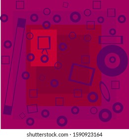 Many different shapes form an abstract composition. Bright red highlighted character on the legs.