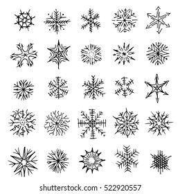 Many different shapes of snowflakes. Drawn by hand. Black and white illustration. icons