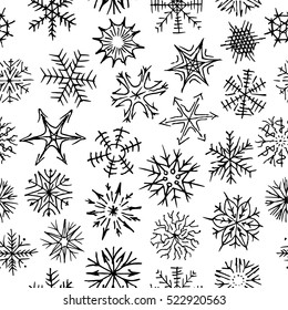 Many different shapes of snowflakes. Drawn by hand. Black and white illustration. icons
