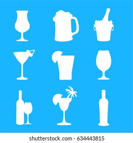 many Different silhouette drinks buttons icons clean simple modern cartoon of Alcohol vector with bottle and glass flat design style light blue background