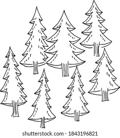 Muchas siluetas diferentes de árboles de Navidad.
