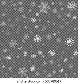 Many different snowflakes on transparent background. Christmas white snow.