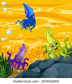 Many different squids cartoon character in the underwater background illustration