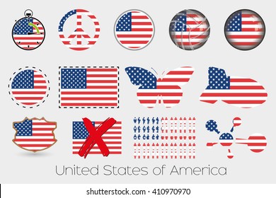 Many Different styles of flag for United States of America