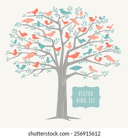 many different stylized birds perched in a big tree in Springtime  