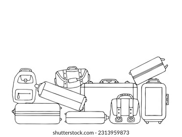 Many different suitcases, bags and suitcases on a white background. Travel and tourism. Copy space. Hand Drawn. Freehand drawing. Doodle. Sketch. Outline.	