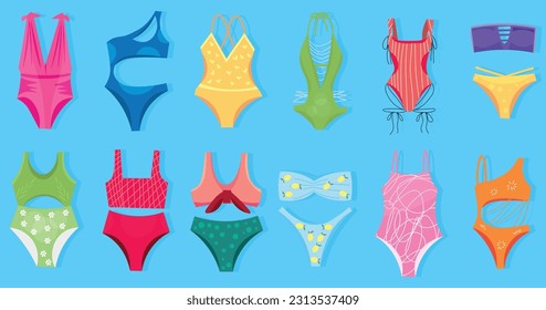 Muchos trajes de baño diferentes sobre fondo azul claro