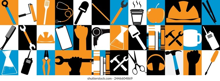 Many different symbols of profession, labor day.