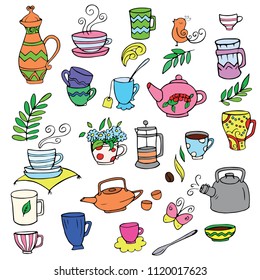 Many different tea and coffee cups are painted on a white background. Set of Doodle.