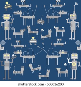 Many different toy robots - men, dog, crab, deer, butterfly. Seamless vector pattern on a blue background or set of objects.