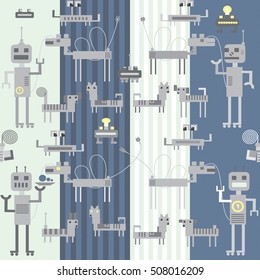 Many different toy robots - men, dog, crab, deer, butterfly. Seamless vector pattern on a blue strip background or set of objects.