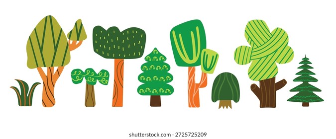 Many different trees. Various types, shapes, colors, and textures. Cartoon, children's forest trees in a Scandinavian style. Hand-drawn, fashionable vector illustration