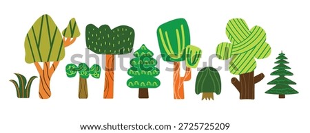 Many different trees. Various types, shapes, colors, and textures. Cartoon, children's forest trees in a Scandinavian style. Hand-drawn, fashionable vector illustration