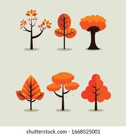 Many different types of autumn trees in a flat style