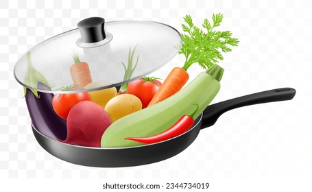 Muchas verduras diferentes en sartén frita, aisladas en fondo transparente. Ilustración vectorial 3d realista. Concepto de cocina. Plantilla de diseño para la mezcla. Comida, concepto de desayuno.
