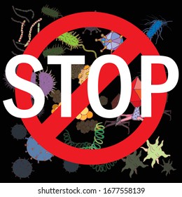 Muchos virus diferentes en un vectro de fondo negro. Está cubierto por un signo de prohibición y la palabra stop. Antecedentes de la presentación. Virus macro vectorial de todo tipo.