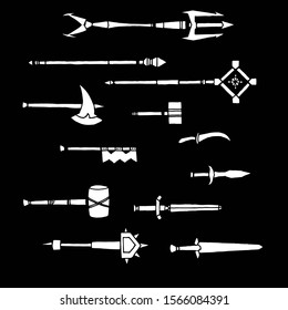 many different weapons drawn, staves, axes, swords, daggers