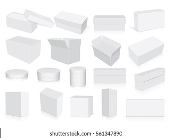 many different white cardboard boxes easy to change colors Mock Up. Vector Template