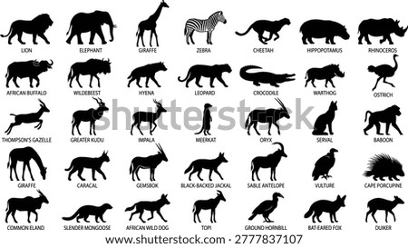 Many different wild african animal silhouettes are organized in a grid pattern to represent diverse fauna for educational design projects