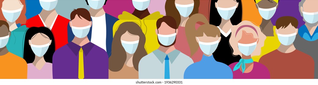 Many different women and men in white medical face masks. Long narrow banner. Concept of coronavirus quarantine vector illustration pattern