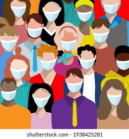 Many different women and men in white medical face masks. Pandemic. Concept of coronavirus quarantine vector illustration pattern.