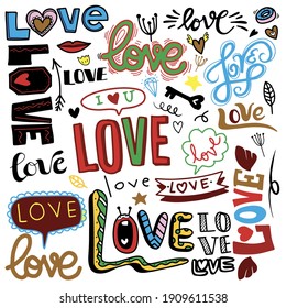Many different words of love, hand drawn love doodles