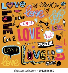 Muchas palabras diferentes de amor, garabatos de amor dibujados a mano