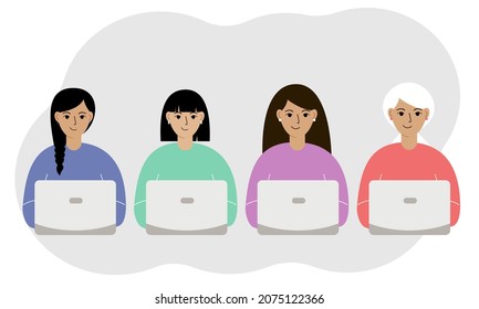 Many different young women with laptops. I work on a computer. Freelance, online education or social media concept. Vector flat illustration