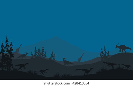 Many Dinosaur in hills at the night