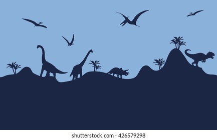 Many dinosaur in hills scenery silhouette with blue backgrounds