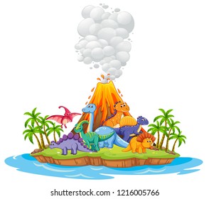 Many dinosaur in the island illustration